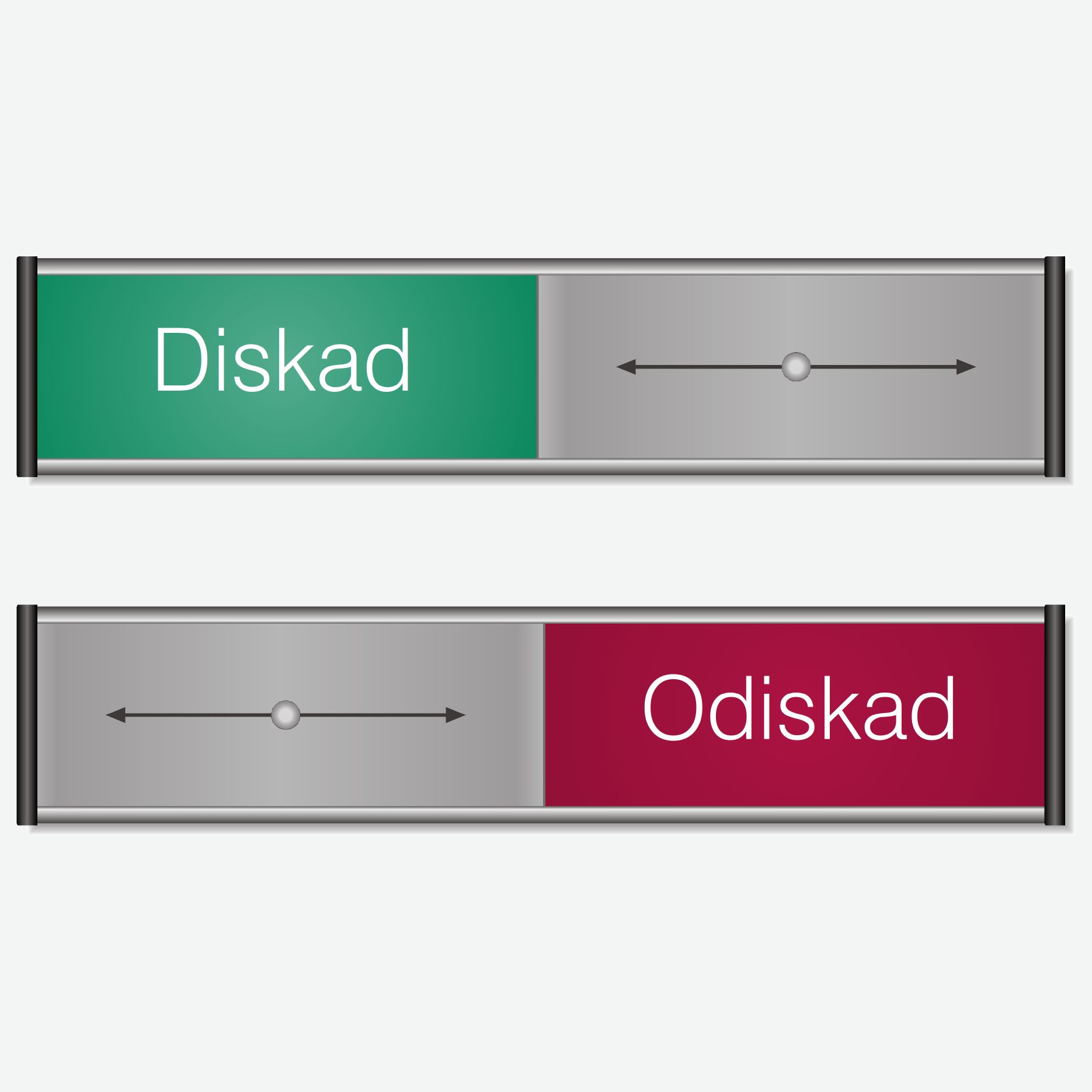 Aluminiumskylt som visar Diskad eller Odiskad, m.fl.